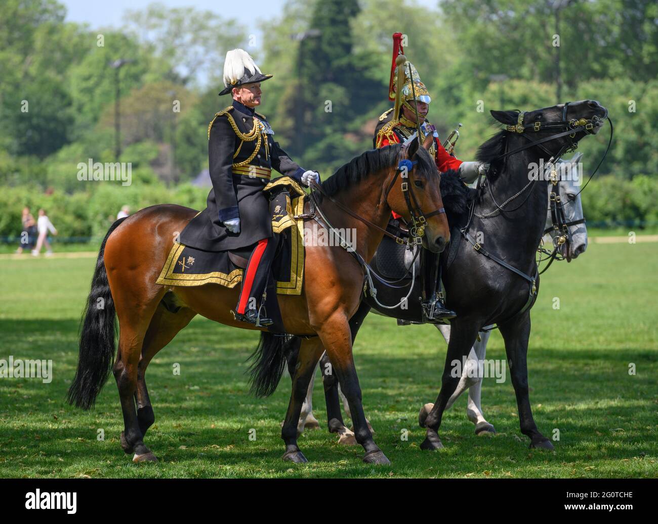 London, UK. 3 June 2021. 2021 Annual inspection of the Household Cavalry at Hyde Park by Major General Christopher John Ghika CBE the General Officer Commanding (pictured: white plume). Credit: Malcolm Park/Alamy Live News. Stock Photo