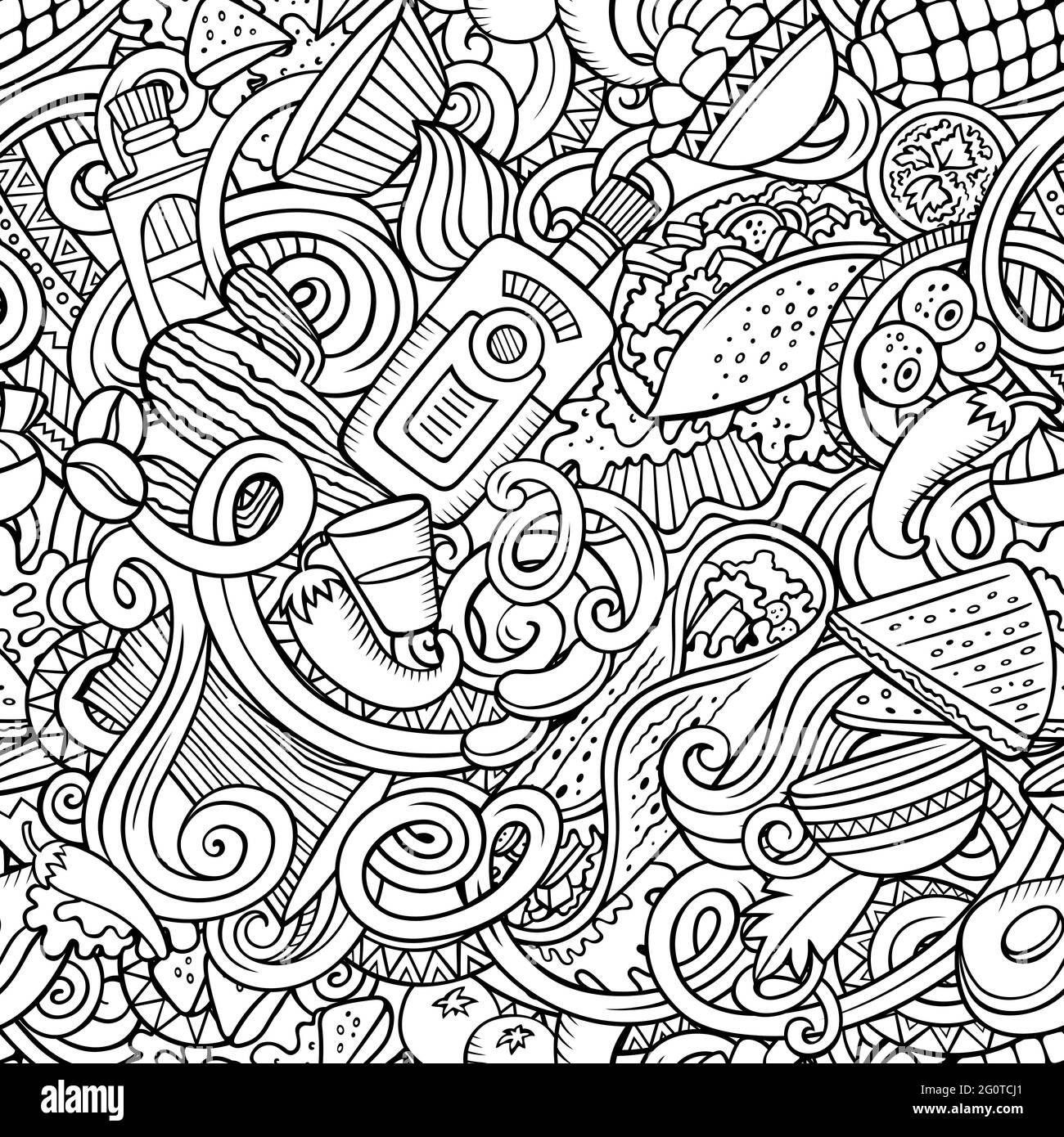 Mexican Food hand drawn doodles seamless pattern. Ethnic Cuisine background. Cartoon ethnicity fabric print design. Sketchy vector illustration Stock Vector