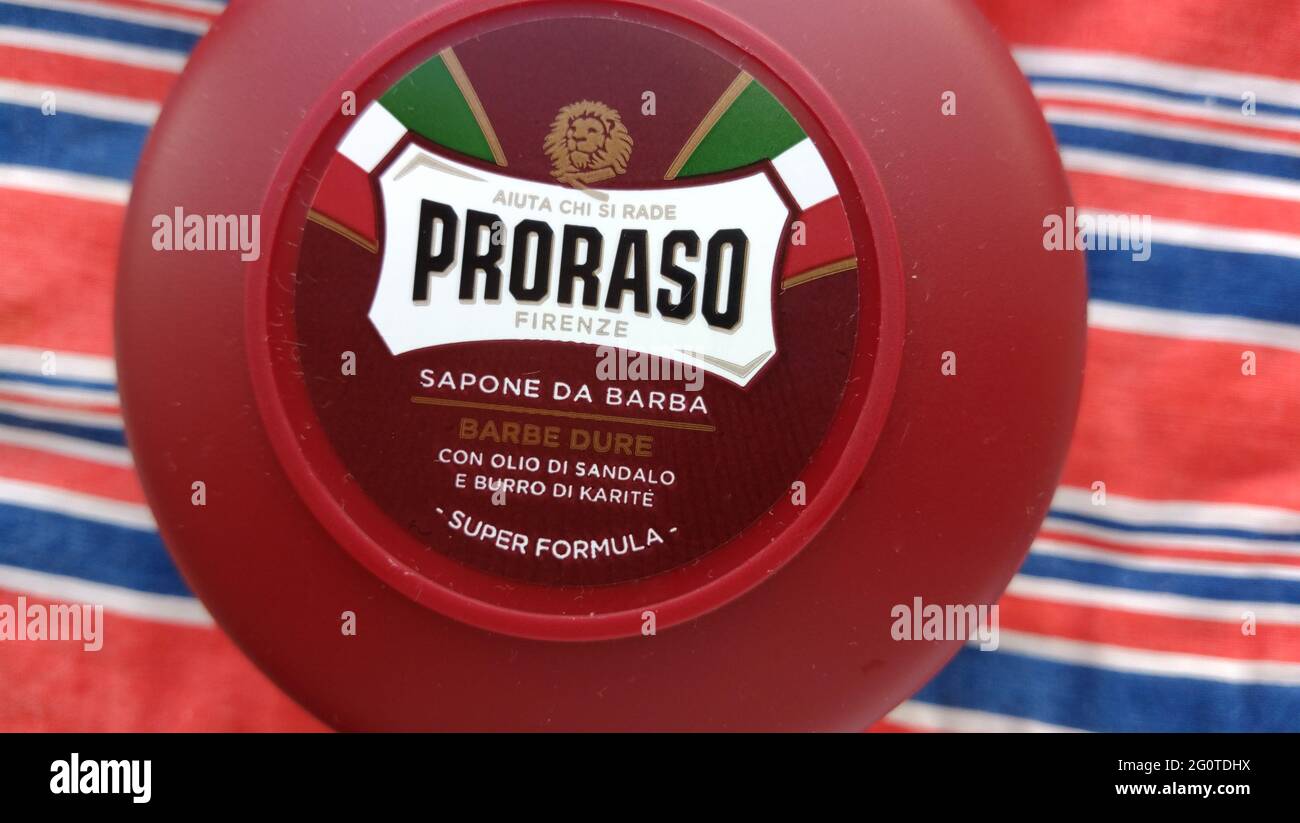 PRORASO shaving soap. Proraso is a personal care and grooming brand owned by the Italian company Ludovico Martelli srl. Stock Photo