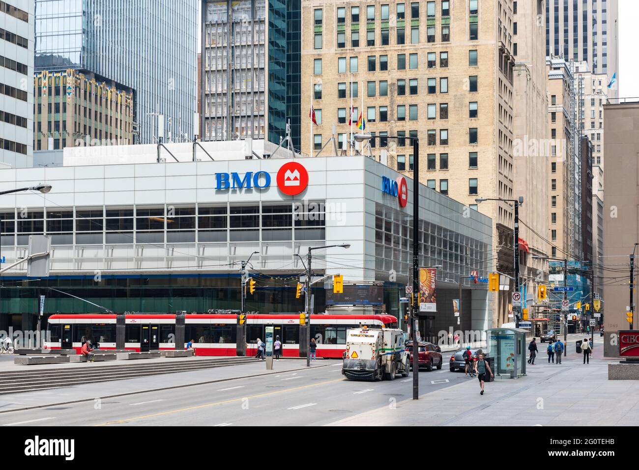 BMO or Bank of Montreal logo in modern building in the intersection of Bay and King Streets in Toronto city downtown, Canada Stock Photo