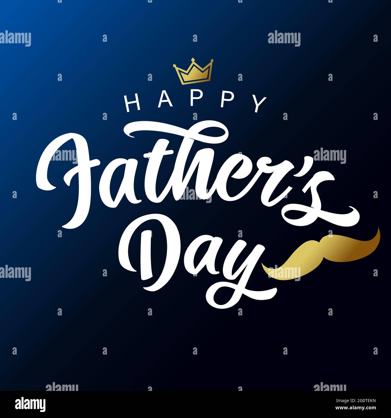 Happy Fathers Day white lettering with golden mustache and crown. Vector greeting illustration with calligraphy text, crown and whisker for best Dad Stock Vector