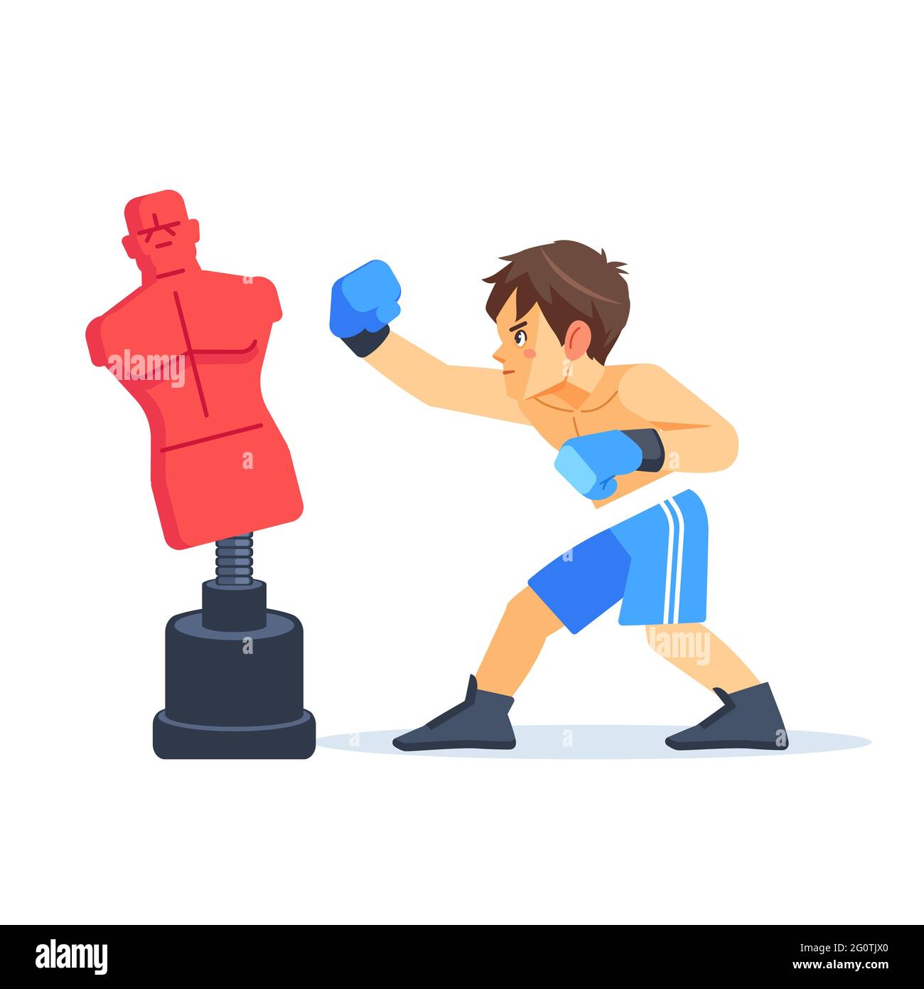 Boxer boy training with punching dummy. Teenager boxing, hitting a