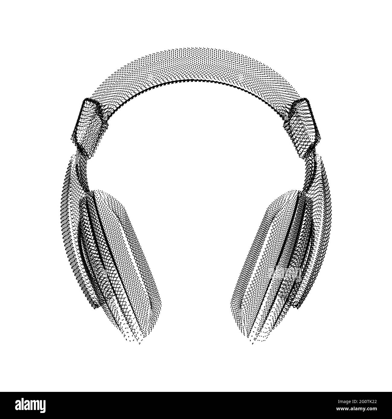 Headphones silhouette consisting of black dots and particles. 3D vector wireframe of an audio device with a grain texture. Abstract geometric icon wit Stock Vector