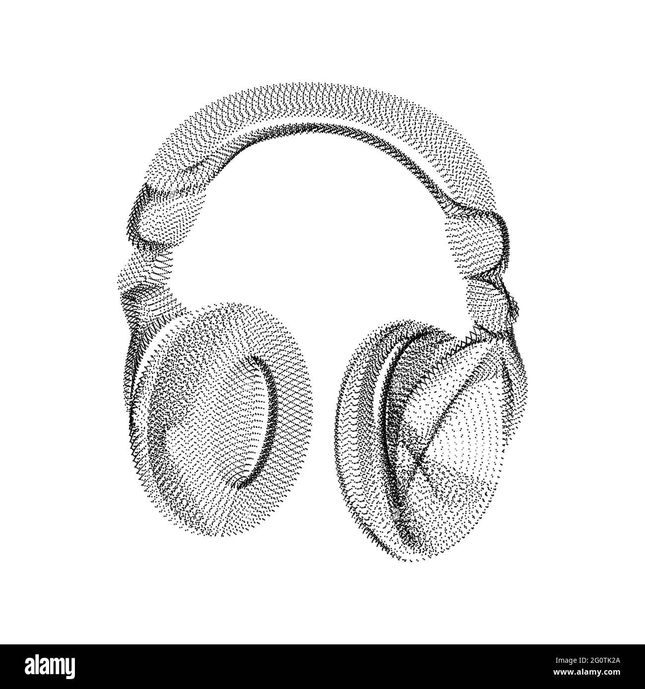 Headphones silhouette consisting of black dots and particles. 3D vector wireframe of an audio device with a grain texture. Abstract geometric icon wit Stock Vector