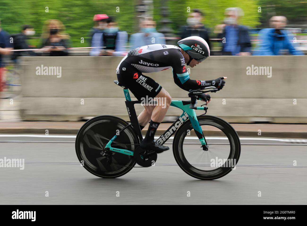 Michael Hepburn (Team Bike Exchange) in action during an individual time trial.The Giro d'Italia took place from 8th to 30th May 2021. The first stage on May 8th was a time trial of 8 kilometers in the streets of Turin. The winner of this first stage is the Italian Filippo Ganna (Team Ineos Grenadiers). The winner of the final general classification is the Colombian Egan Bernal (Team Ineos Grenadier). (Photo by Laurent Coust / SOPA Images/Sipa USA) Stock Photo