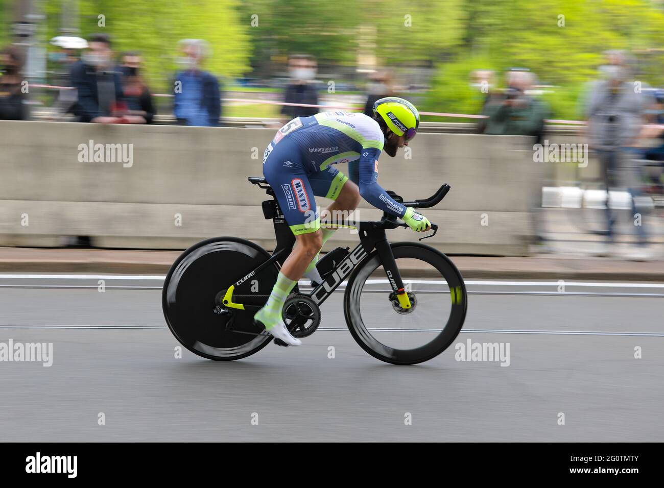 Turin, Italy. 08th May, 2021. Andrea Pasqualon (Intermarché Wanty Gaubert Materiaux) in action during an individual time trial.The Giro d'Italia took place from 8th to 30th May 2021. The first stage on May 8th was a time trial of 8 kilometers in the streets of Turin. The winner of this first stage is the Italian Filippo Ganna (Team Ineos Grenadiers). The winner of the final general classification is the Colombian Egan Bernal (Team Ineos Grenadier). (Photo by Laurent Coust/SOPA Images/Sipa USA) Credit: Sipa USA/Alamy Live News Stock Photo