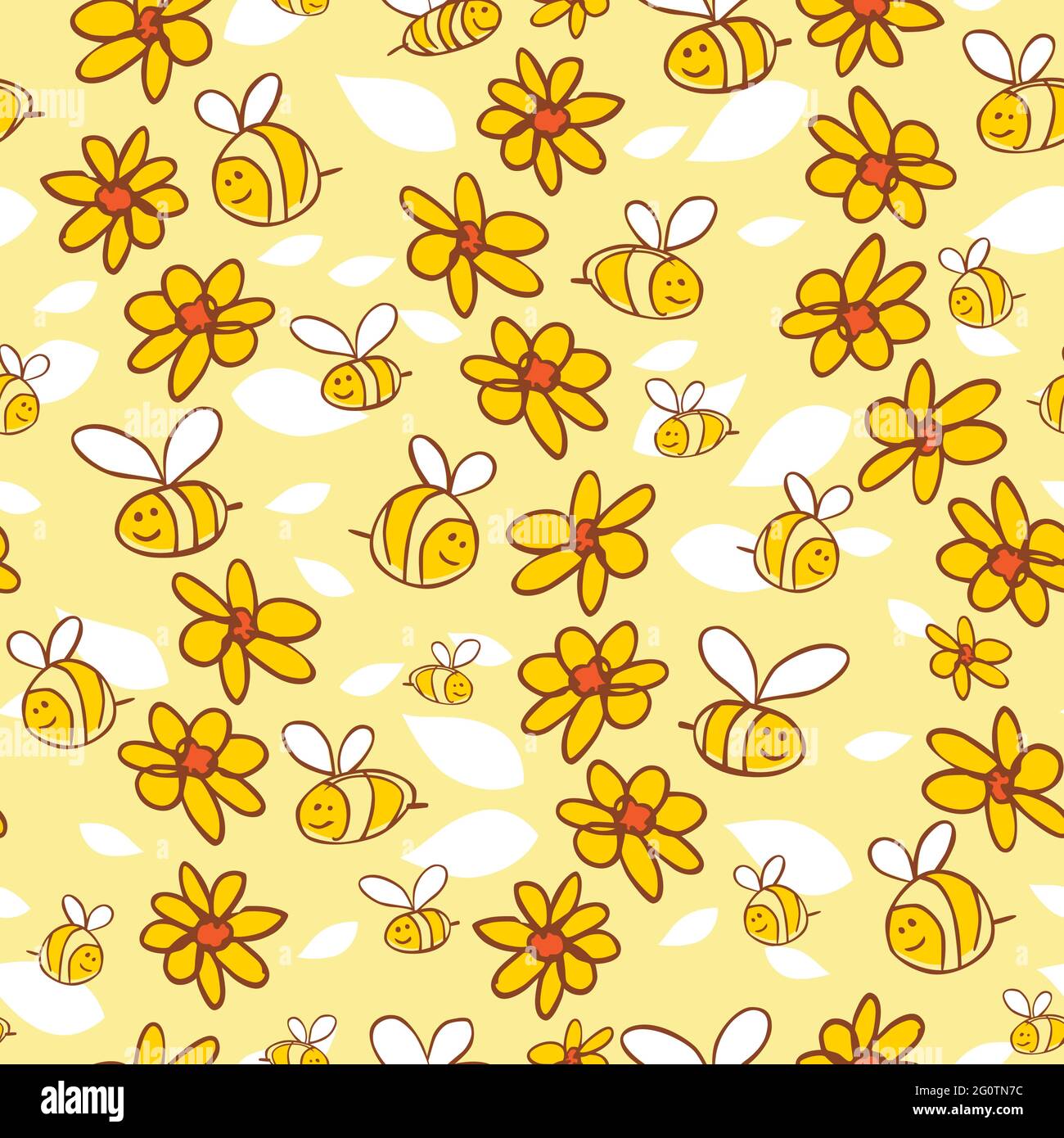 Vector yellow whimsical fun daisy flowers and bees doodle repeat ...