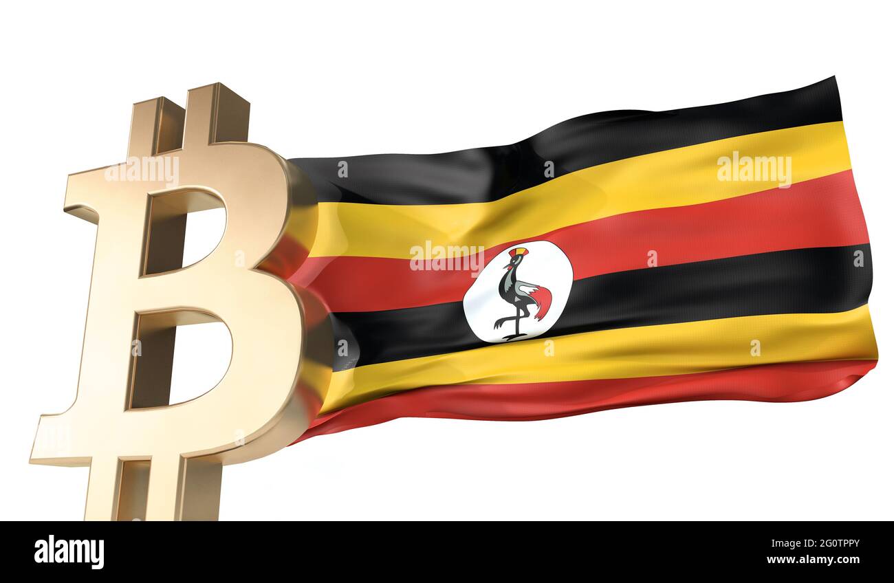 Gold bitcoin cryptocurrency with a waving Uganda flag. 3D Rendering Stock  Photo - Alamy