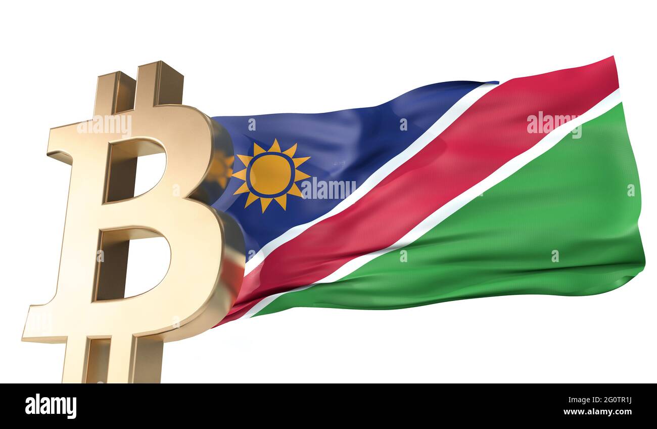 Gold bitcoin cryptocurrency with a waving Namibia flag. 3D Rendering Stock Photo