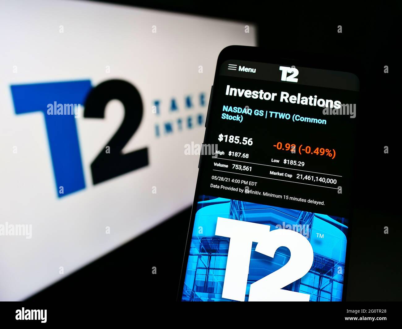 In this photo illustration a Rockstar Games logo seen displayed on a  smartphone with video games cover in the background. (Photo by Thiago  Prudencio / SOPA Images/Sipa USA Stock Photo - Alamy