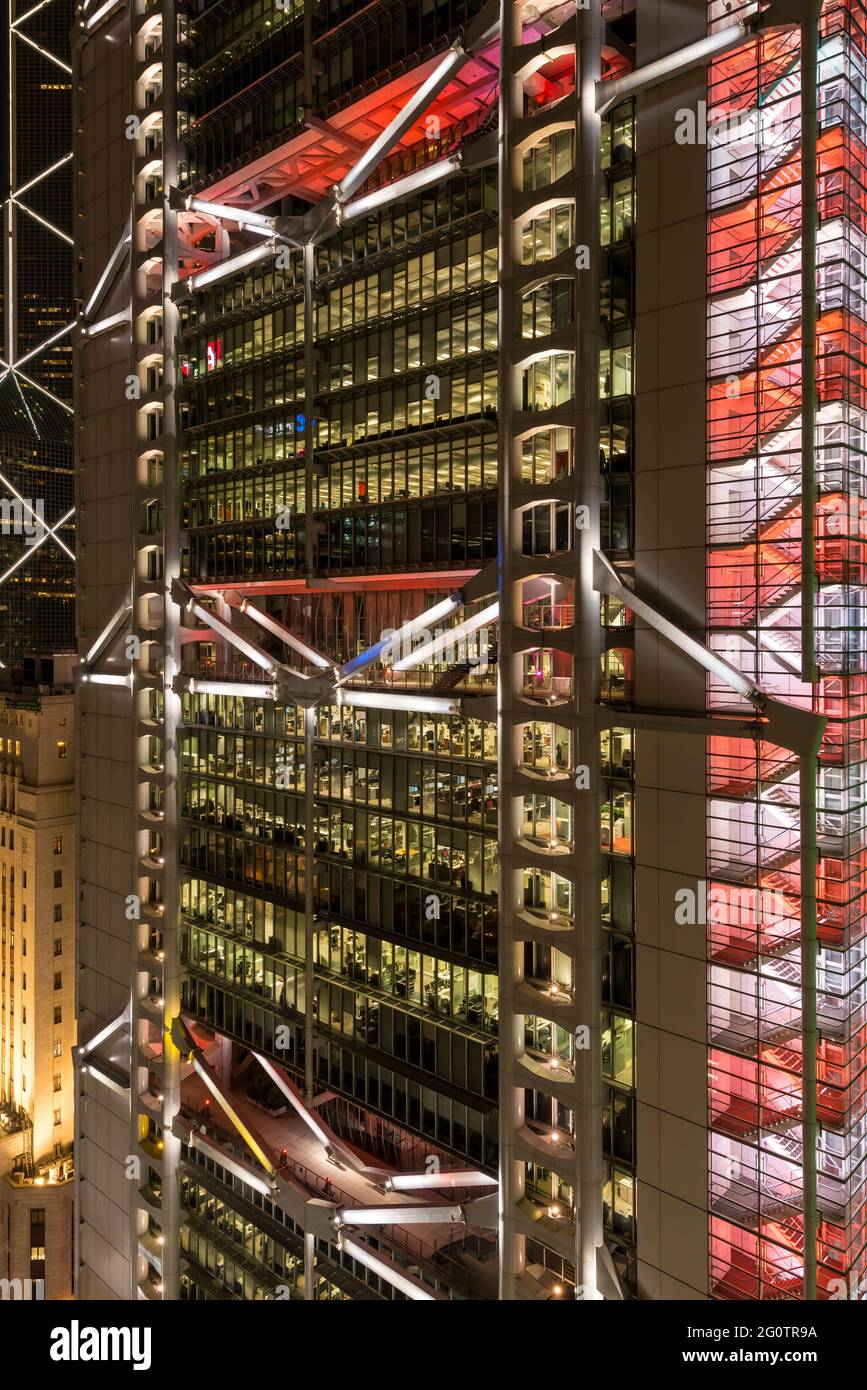 The HSBC Main Building seen at night from the roof of the Prince's Building, Central, Hong Kong Island Stock Photo
