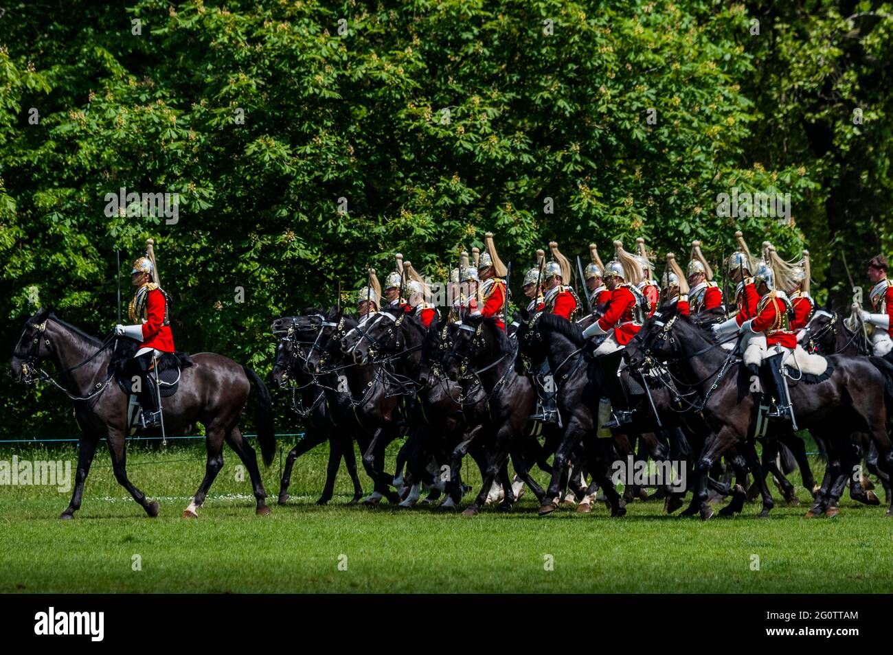 London, UK. 3 Jun 2021. The Major General's Inspection of the Household Cavalry Mounted Regiment in Hyde Park. Around 170 horses and personnel of the Household Cavalry Mounted Regiment accompanied by the mounted band of the Household Cavalry with their shire Drum Horses. The test must be passed in order to participate in upcoming State Ceremonial duties and, for the first time since 2019, that includes the honour of taking part in this year's Queen's Birthday Parade. An inspection of horsemanship, turnout and State Ceremonial uniform will be made by Major General Chris Ghika, the General Offic Stock Photo