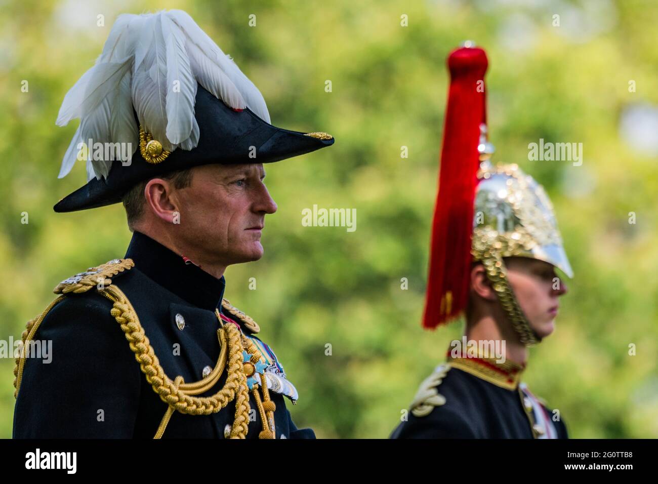 London, UK. 3 Jun 2021. Major General Chris Ghika (pictured) - The Major General's Inspection of the Household Cavalry Mounted Regiment in Hyde Park. Around 170 horses and personnel of the Household Cavalry Mounted Regiment accompanied by the mounted band of the Household Cavalry with their shire Drum Horses. The test must be passed in order to participate in upcoming State Ceremonial duties and, for the first time since 2019, that includes the honour of taking part in this year's Queen's Birthday Parade. An inspection of horsemanship, turnout and State Ceremonial uniform will be made by Major Stock Photo