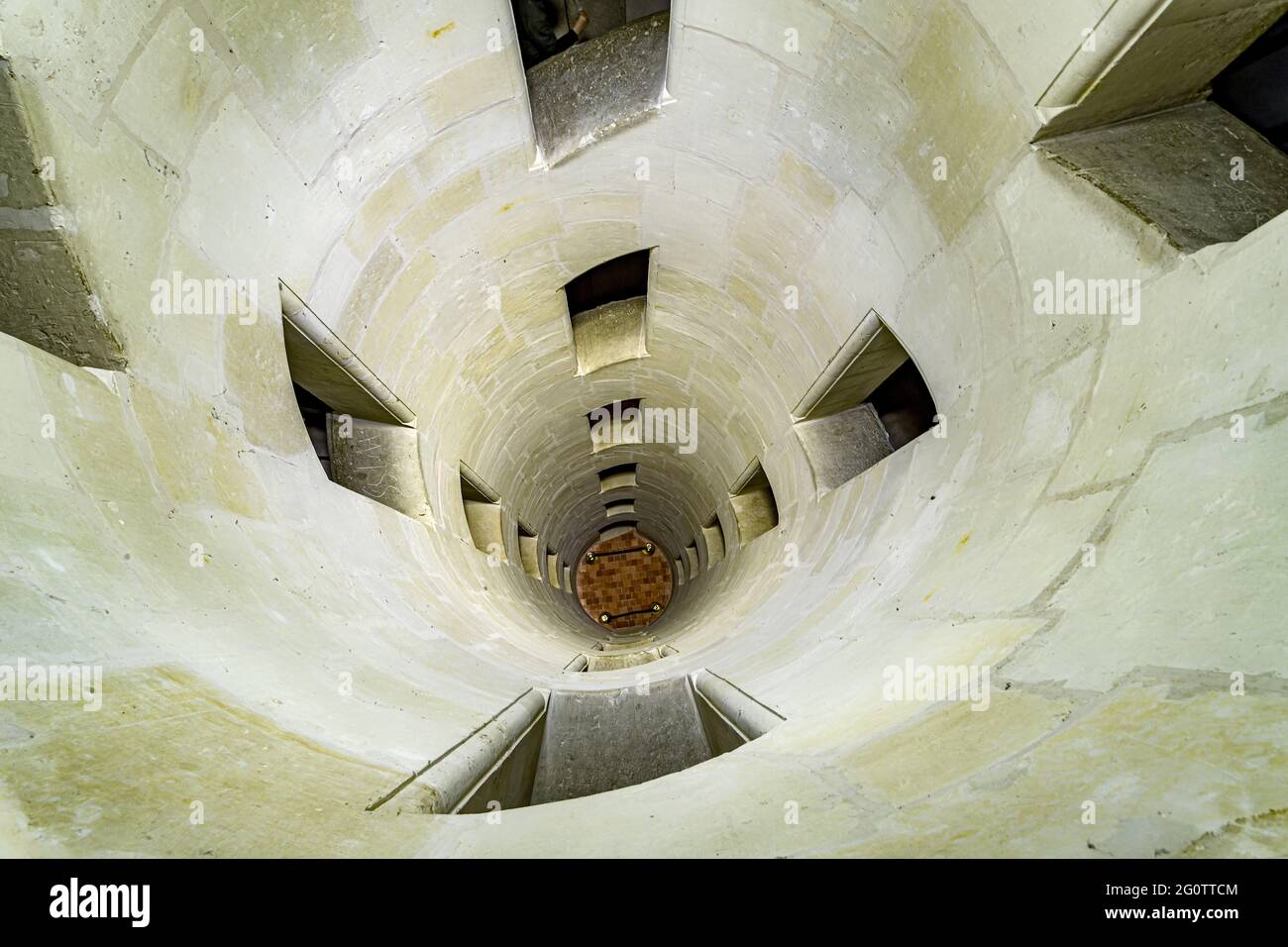 Chambord, France. 27th May, 2021. Chambord Castle, center of the double helix staircase, UNESCO World Heritage Site in the Loire Valley, France. Stock Photo