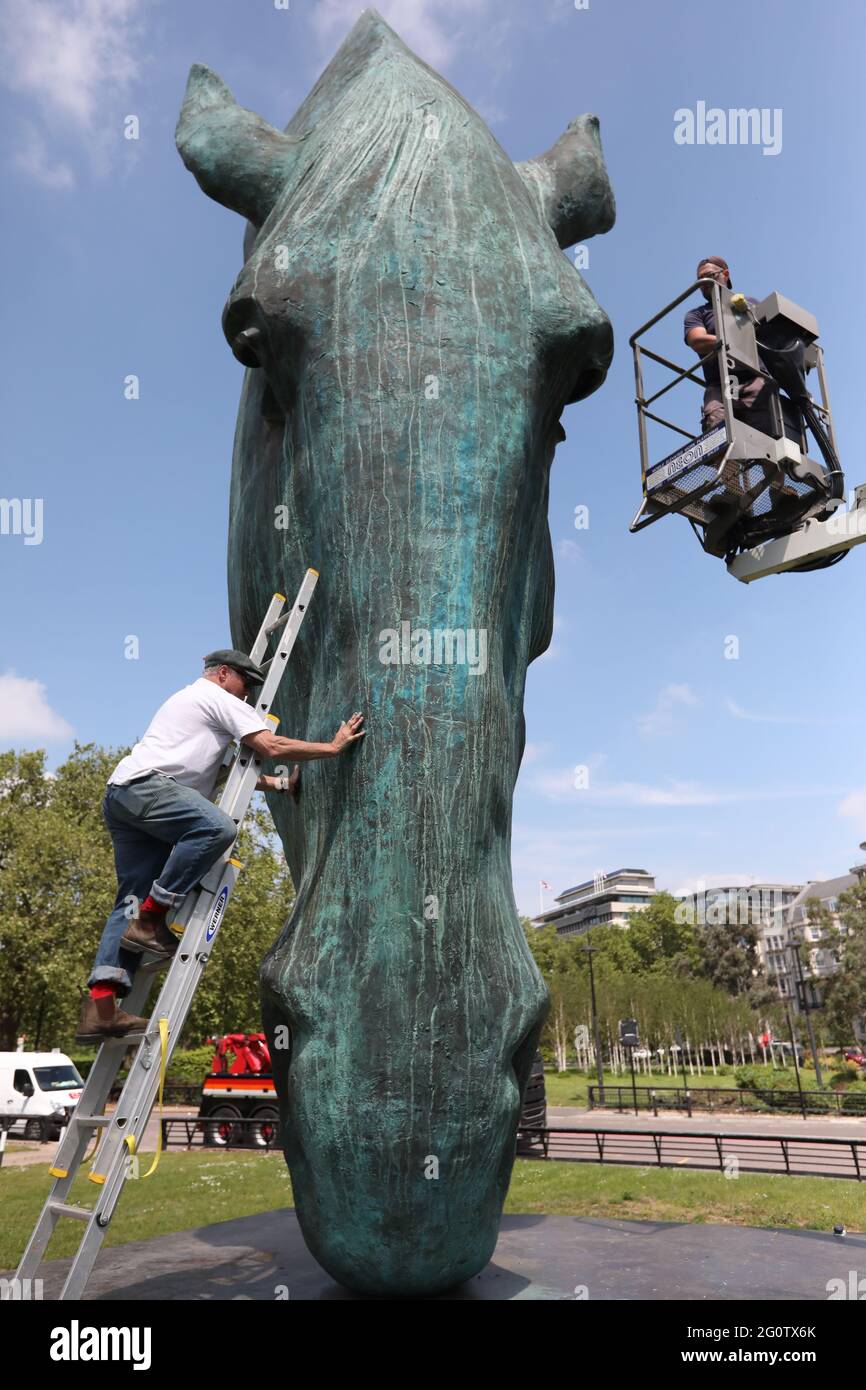 Artist Nic Fiddian-Green uses a ladder, whilst colleague Dan Morphy uses a cherry-picker, to re-paint and wax his 33 ft high bronze sculpture of a horse's head titled Still Water, on display at Achilles Way in Mayfair, London. Picture date: Thursday June 3, 2021. Stock Photo