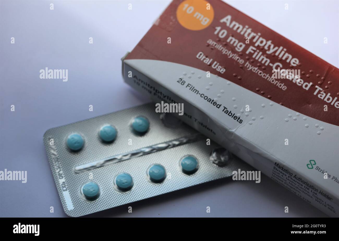 Close-up of a box of Amitriptyline tablets Stock Photo
