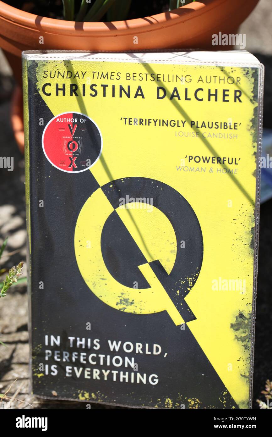 Close-up of Christina Dalcher Book ' Q' Stock Photo