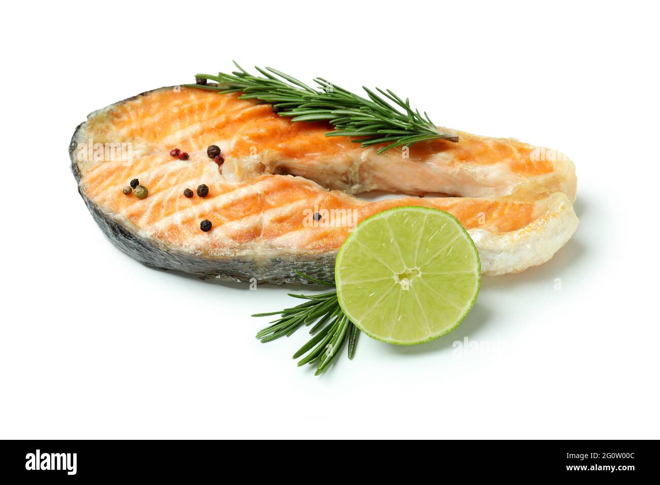 Tasty grilled salmon isolated on white background Stock Photo - Alamy
