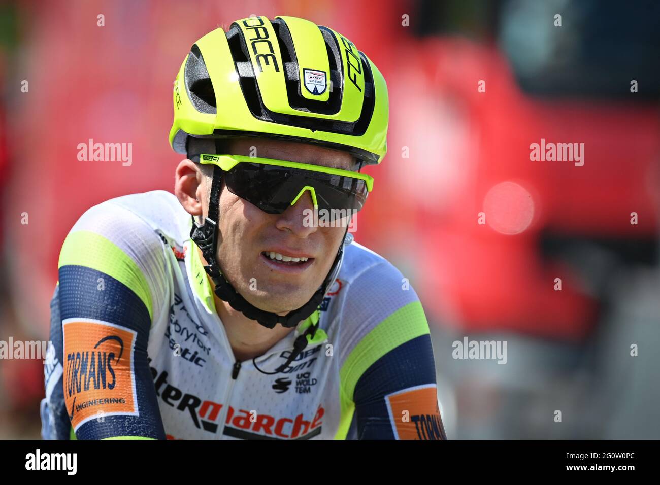 Belgian Jan Bakelants of Intermarche Wanty-Gobert Materiaux crosses the finish line of the fifth stage of the 73rd edition of the Criterium du Dauphin Stock Photo