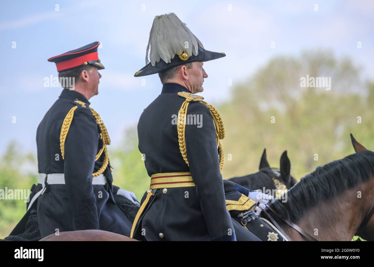 London, UK. 3 June 2021. 2021 Annual inspection of the Household Cavalry at Hyde Park by Major General Christopher John Ghika CBE the General Officer Commanding (right in photograph). Credit: Malcolm Park/Alamy Live News. Stock Photo