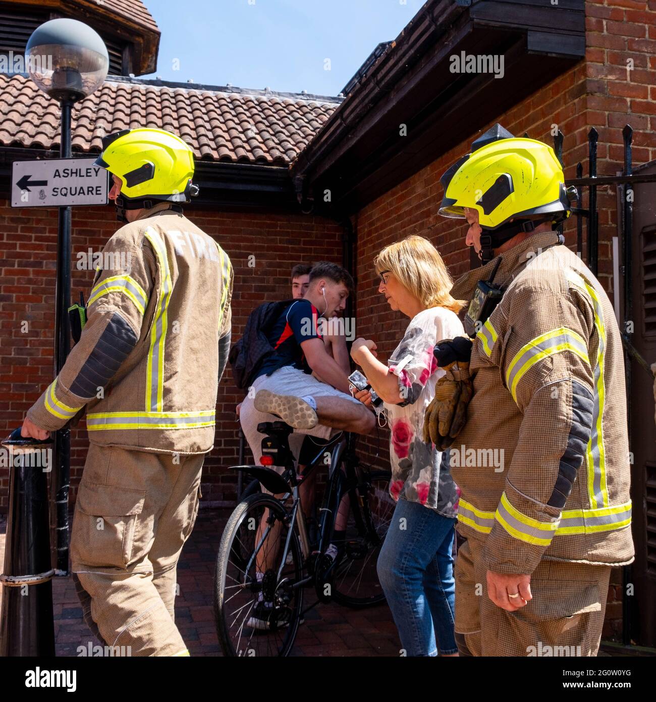Epsom Surrey London UK, June 03 2021, Two Firemen Or Firefighters Dressed In Safety Clothing Stock Photo
