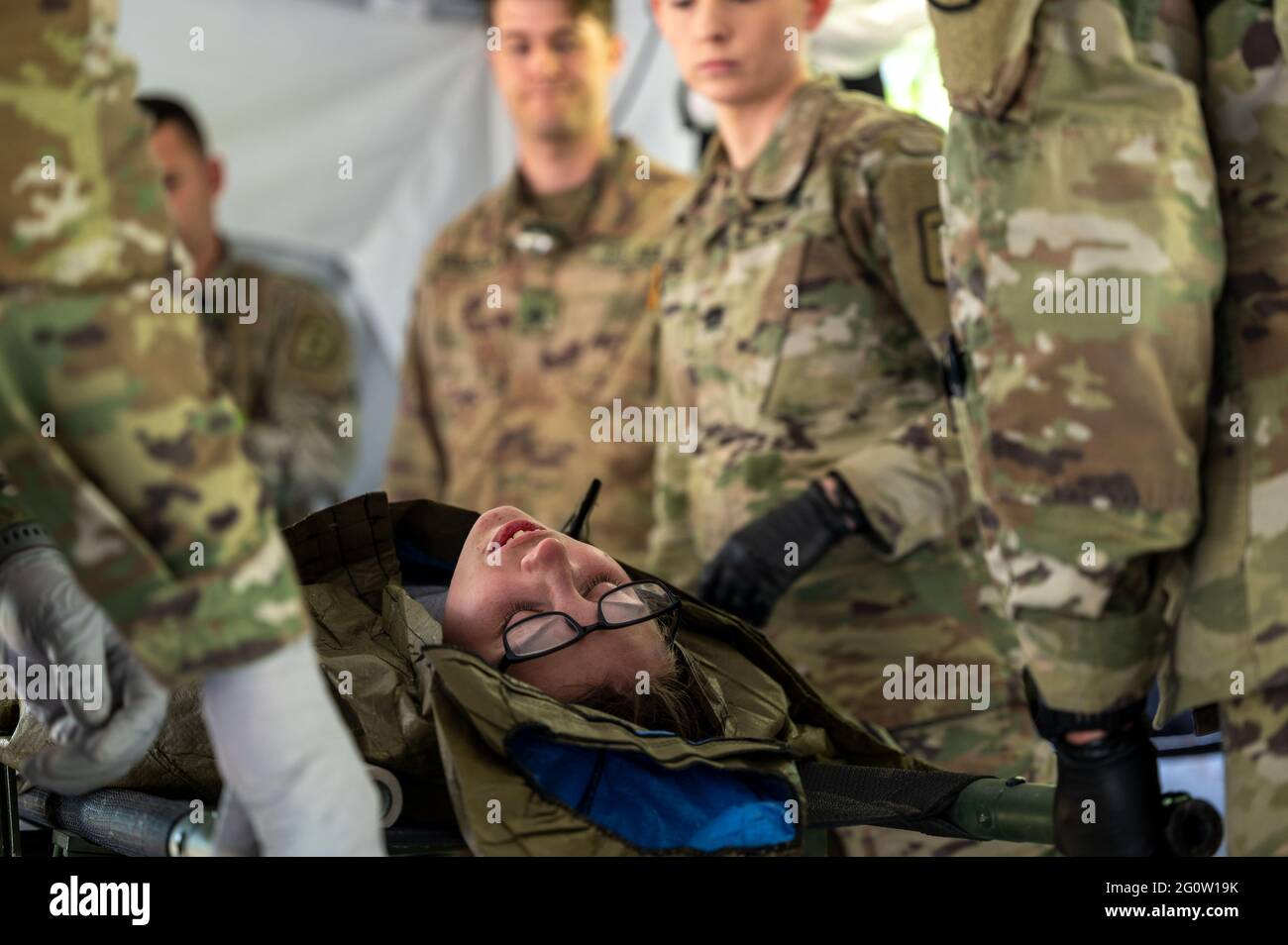 Baumholder Germany 03rd June 2021 Us Soldiers Attend To A Female Soldier With A Gunshot Wound During An Exercise As Part Of The Us Led Military Exercise Defender Europe 21 Forces At The