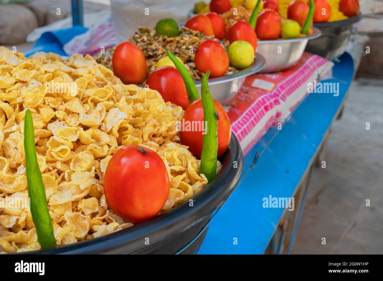 Delicious fastfood snacks on the street of Jaisalmer, Rajasthan, India. Stock Photo