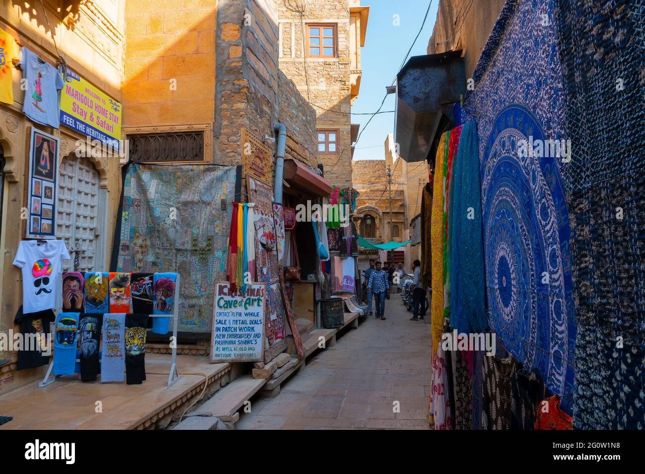 Jaisalmer, Rajasthan, India - October 13, 2019 : Pashmina shawls are being sold in market place Inside Jaisalmer Fort or Golden Fort, in the morning. Stock Photo