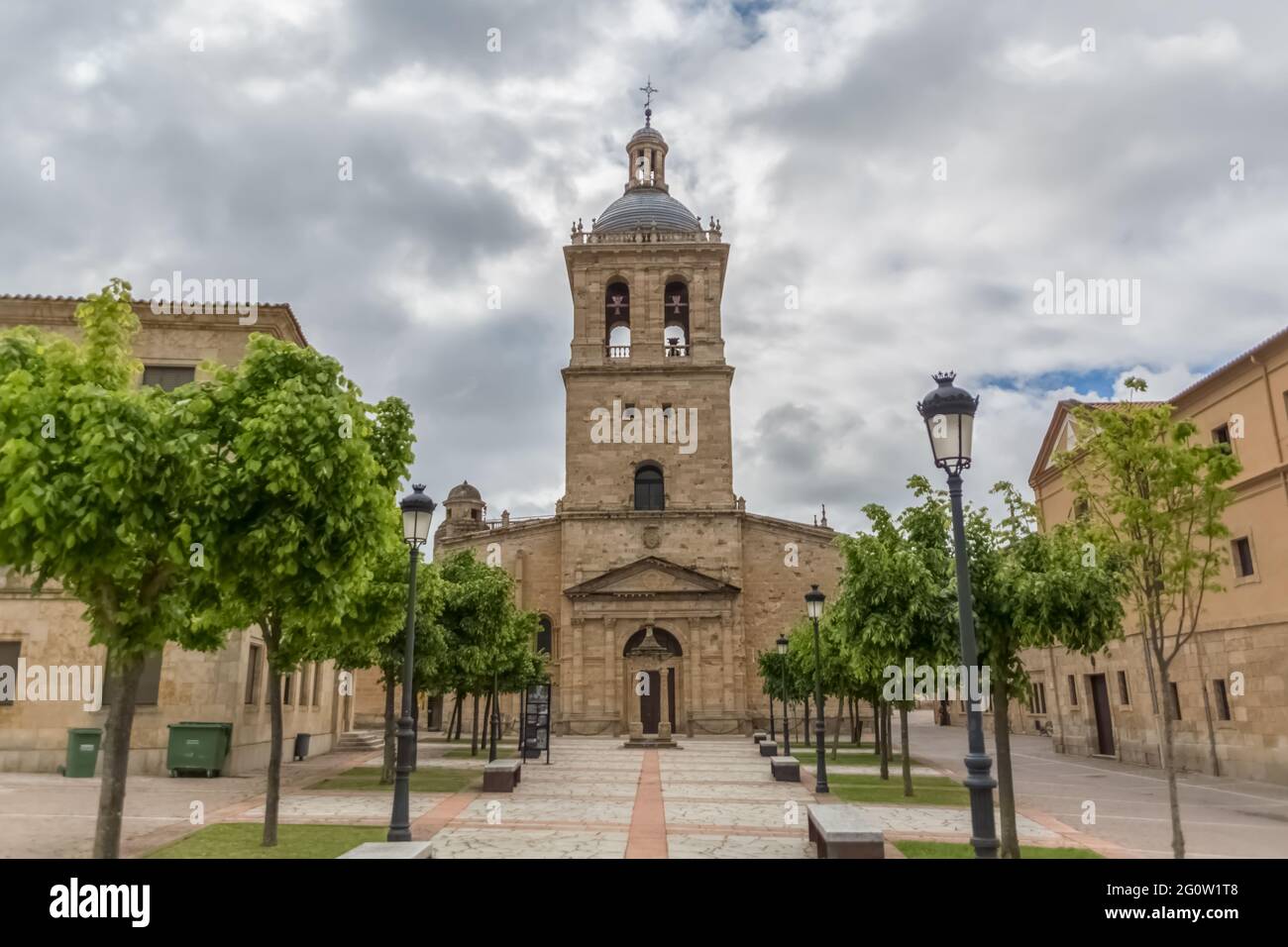 Cuidad Rodrigo / Spain - 05 13 2021: Majestic front view at the iconic spanish Romanesque architecture building at the Catedral Santa María de Ciudad Stock Photo