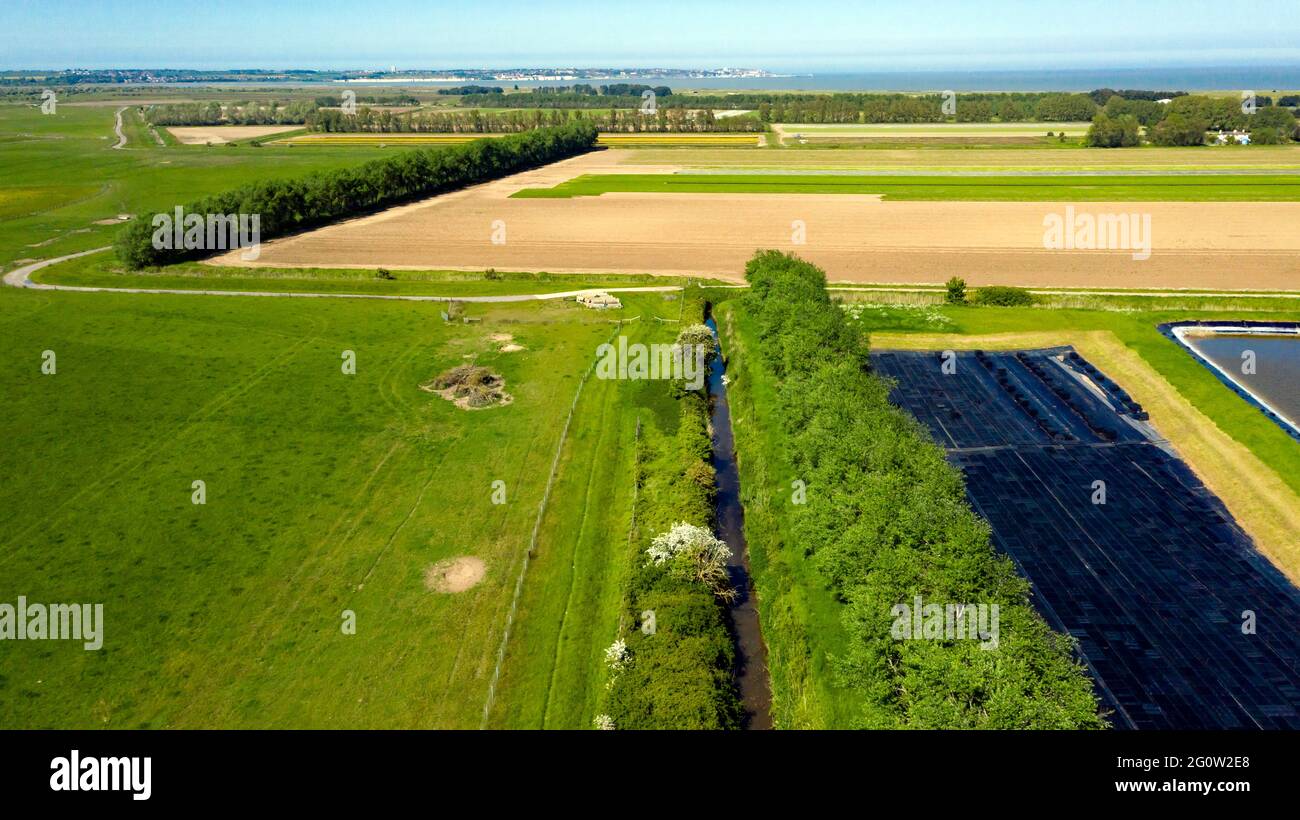 Aerial view looking east from the River Stour over Agricultural land