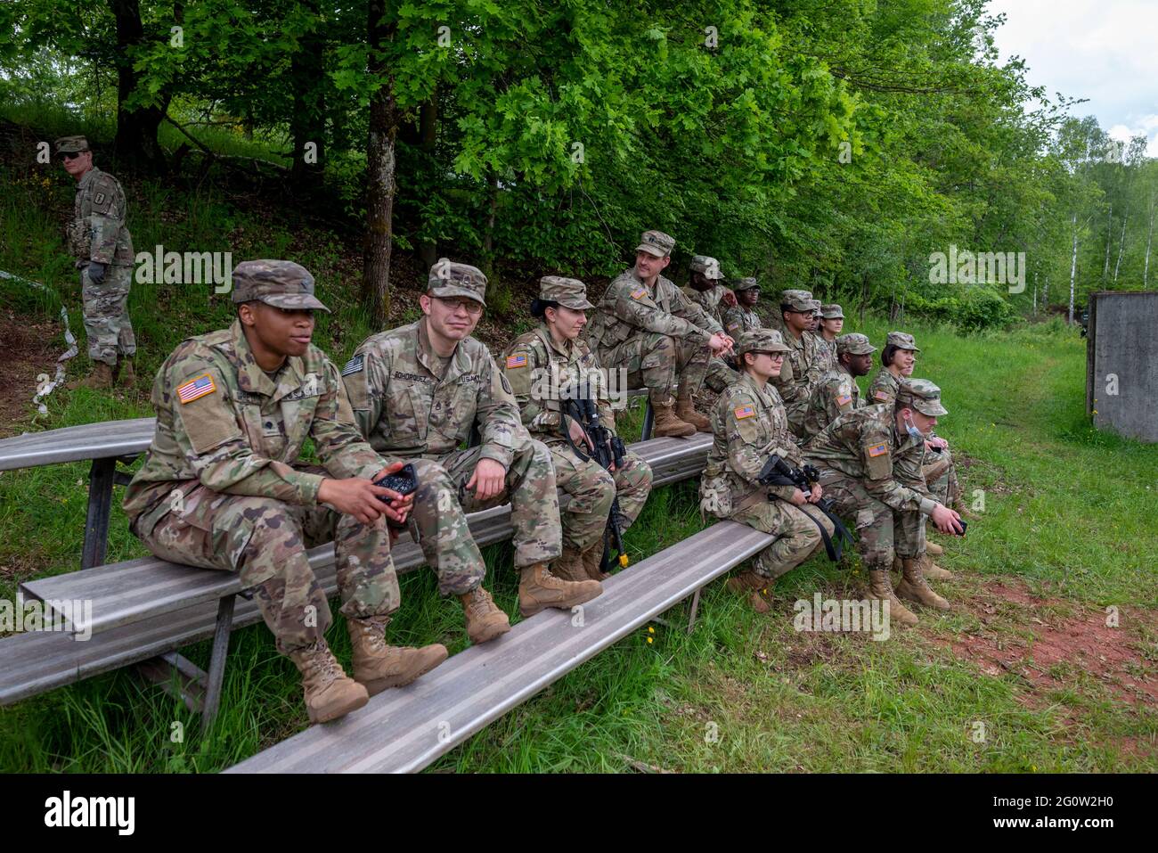 Baumholder, Germany. 03rd June, 2021. US soldiers sit on benches during