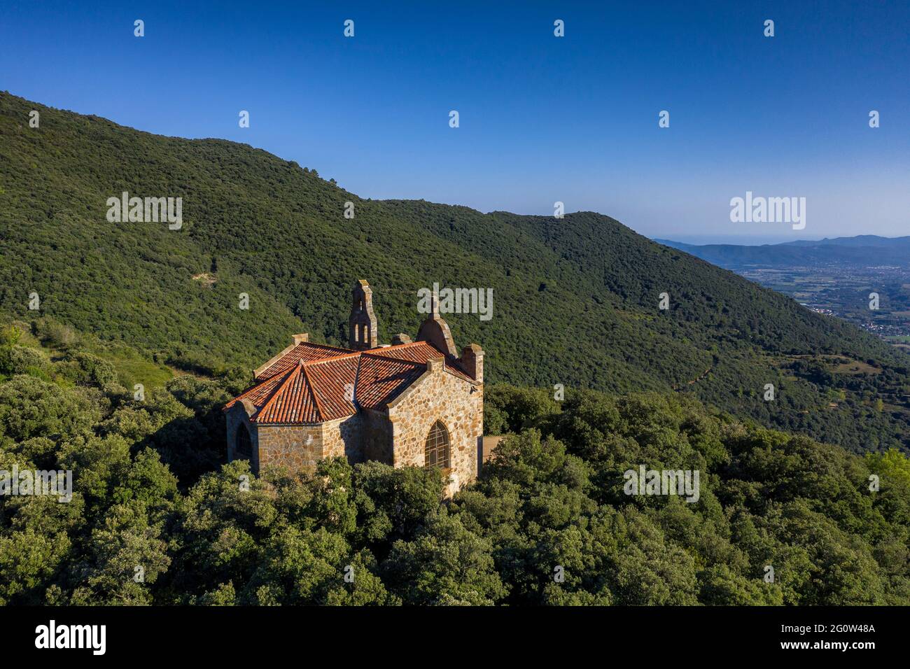 Aerial views of Sant Salvador de Terrades church, in Montseny (Vallès Oriental, Catalonia, Spain) Stock Photo