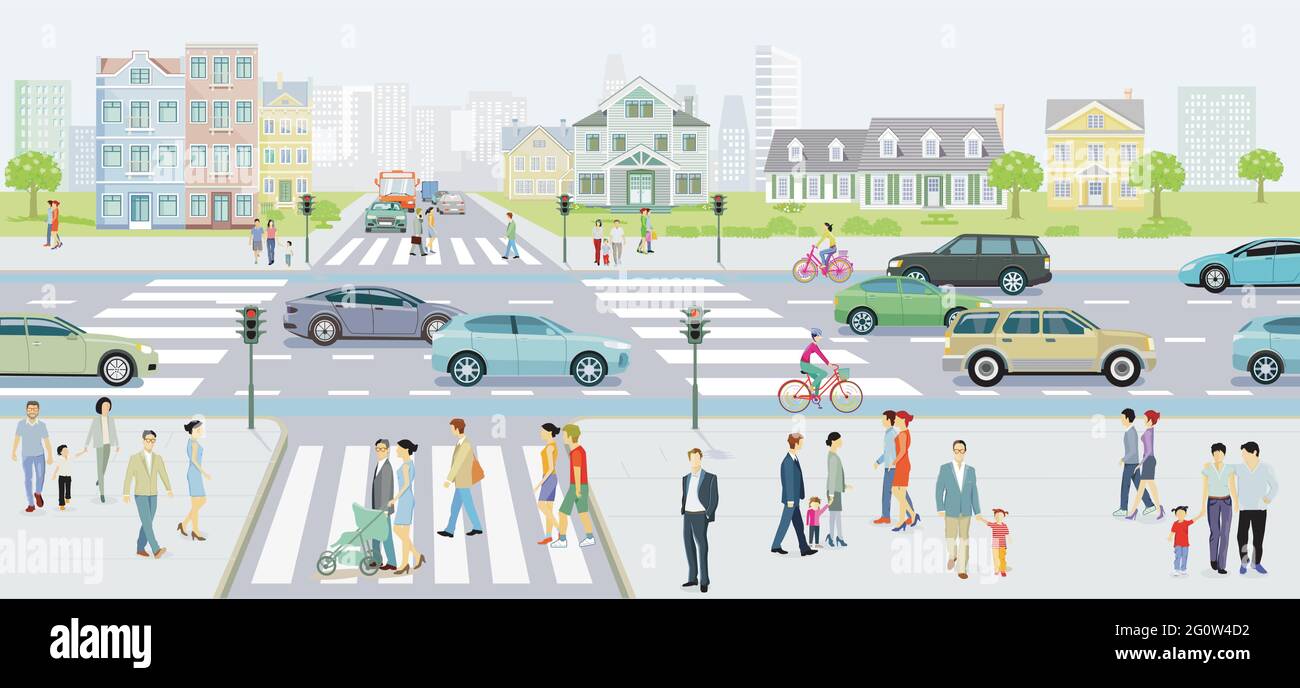 City silhouette with road traffic and pedestrians on the zebra crossing ...