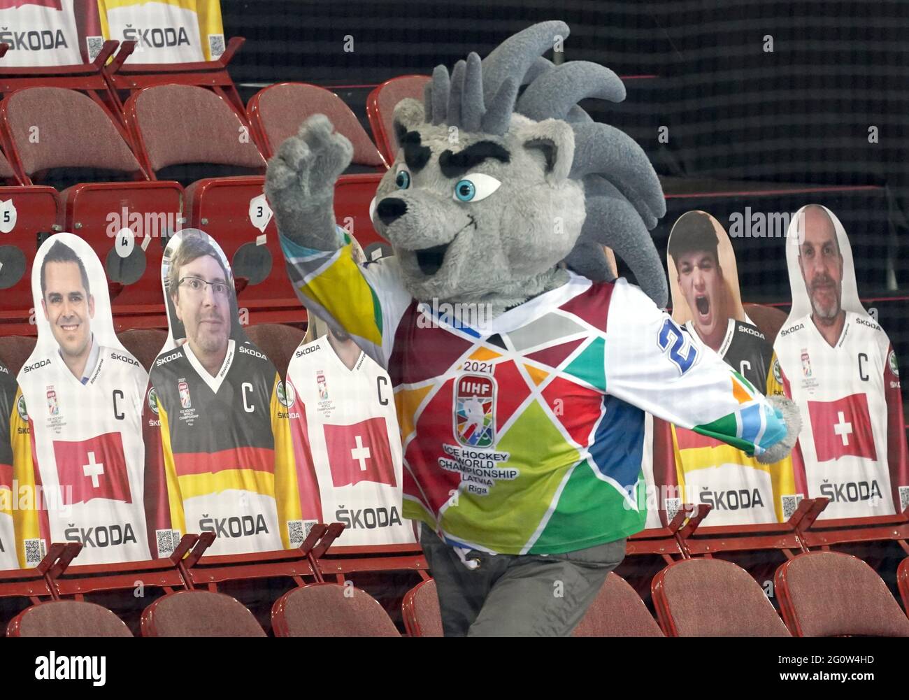 Riga, Latvia. 03rd June, 2021. Ice hockey: World Championship,  quarter-final, Switzerland - Germany: The mascot, hedgehog
