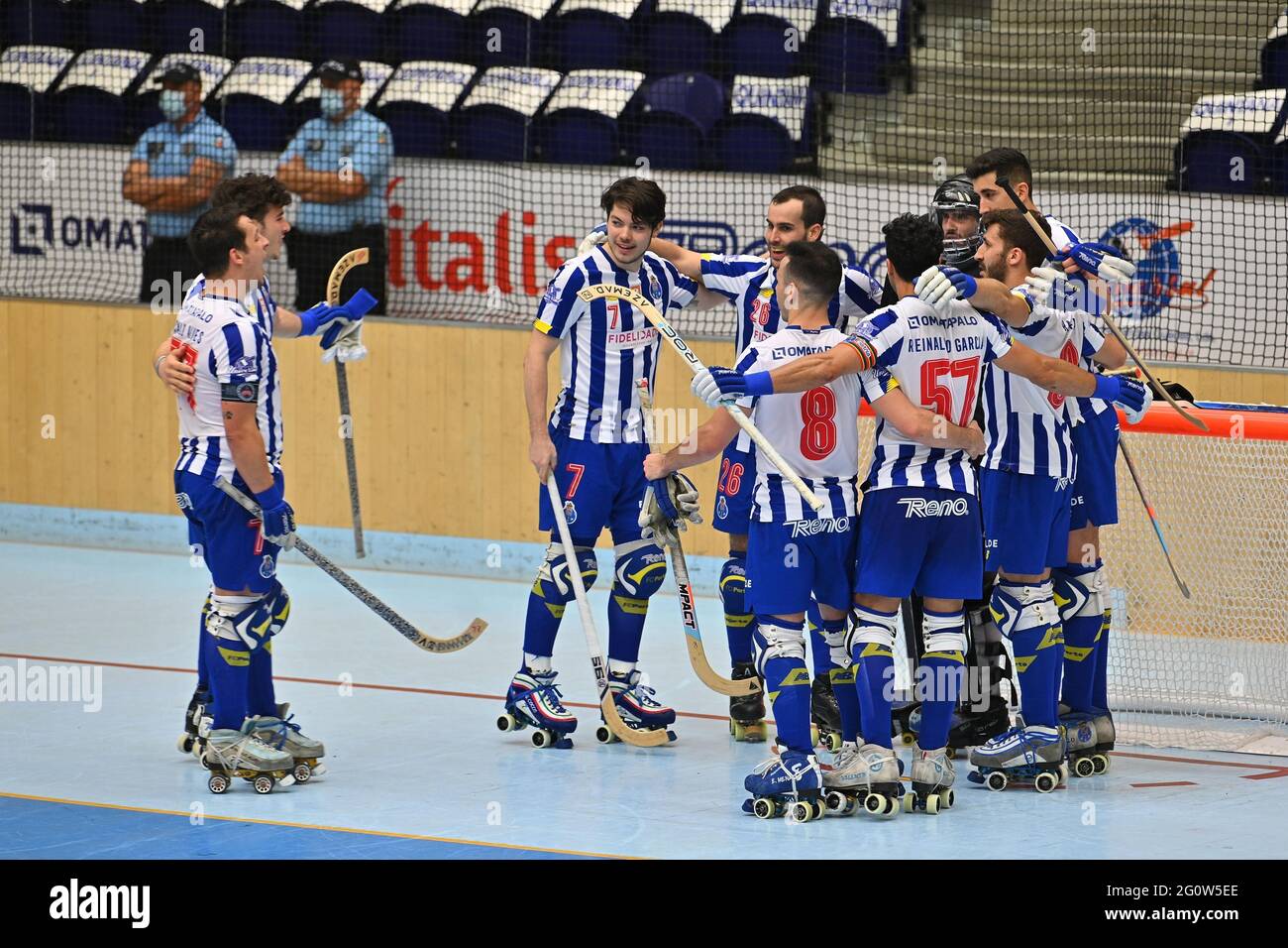 Porto, 03/06/2021 - The national roller hockey championship match took  place at the Dragão Arena pavilion, pitting the teams of FC Porto and SL  Benfica. FC Porto players celebrate passage to the