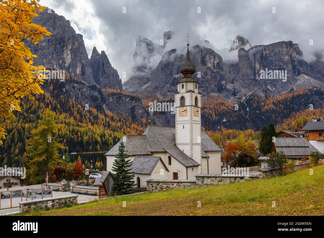 Parish Church St. Vigilius in Colfosco, Dolomites Italy Stock Photo