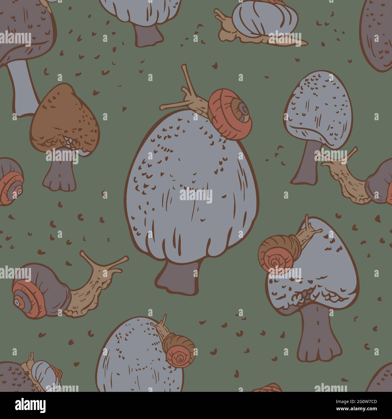 Vector seamless pattern with snails are crawling on mushrooms. Vector animal design. Stock Vector