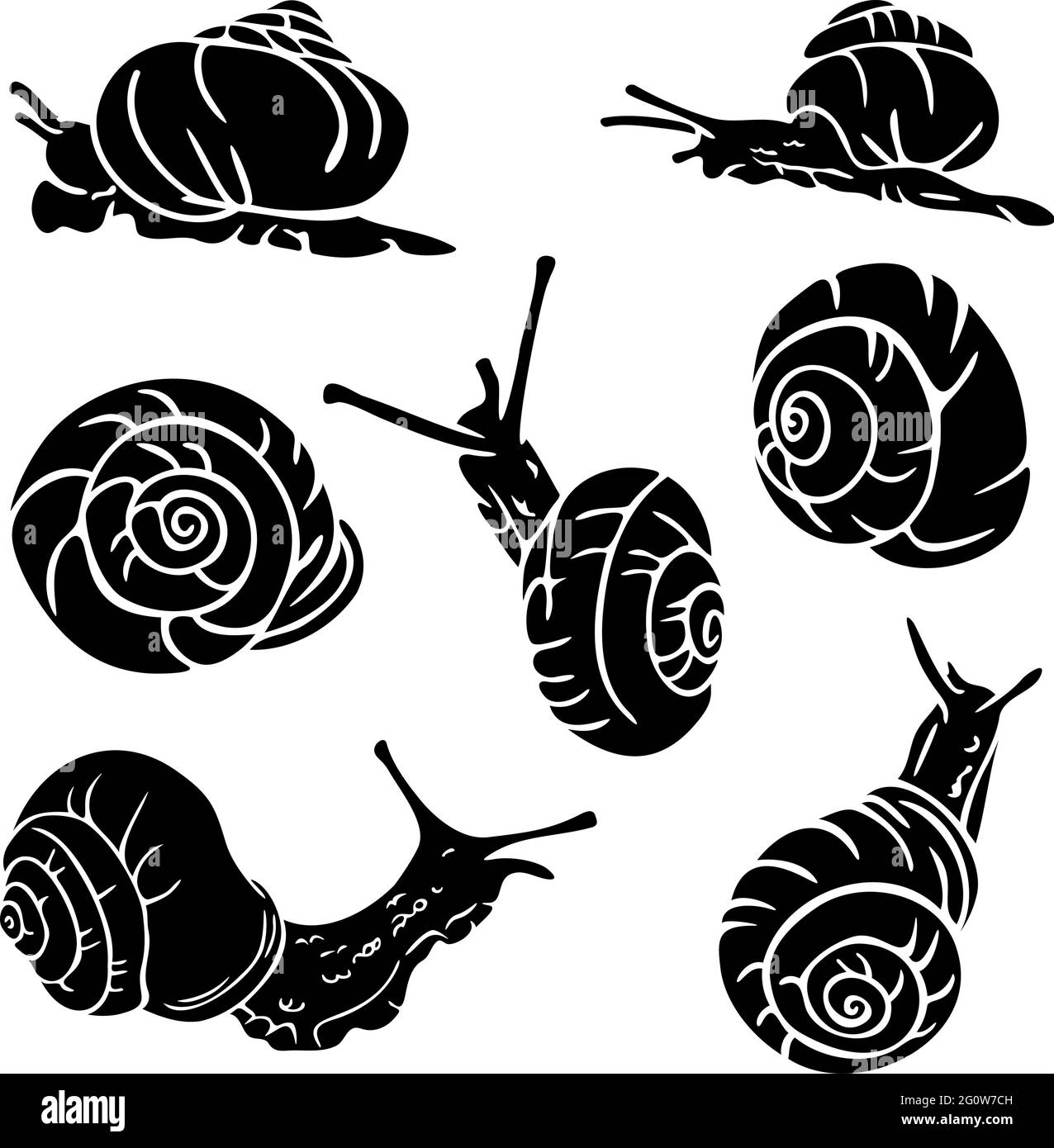 Vector illustration with silhouettes of snails in various postures. Collection of silhouettes of crawling snails and shells. Stock Vector