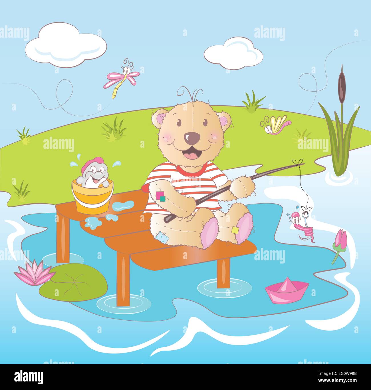 Cute Teddy bear fisherman is sitting and fishing on the lake. Colorful Funny illustration Stock Photo