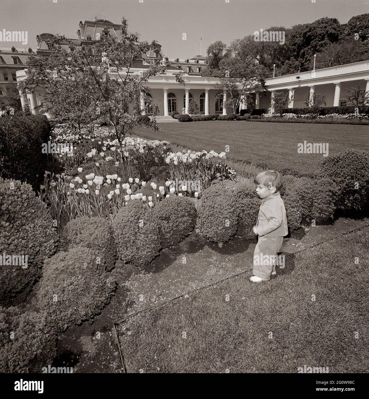 ST-C112-1-63                               26 April 1963  John F. Kennedy, (JFK, Jr.), in the Rose Garden  Please credit 'Cecil Stoughton. White House Photographs. John F. Kennedy Presidential Library and Museum, Boston' Stock Photo