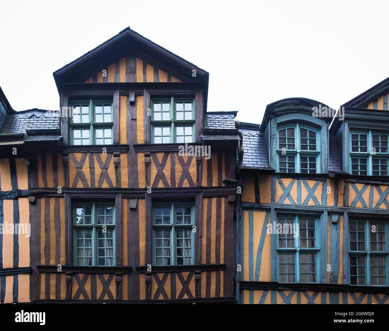 Rouen, France, Oct 2020, close up of the upper part of some medieval half-timbered houses Stock Photo