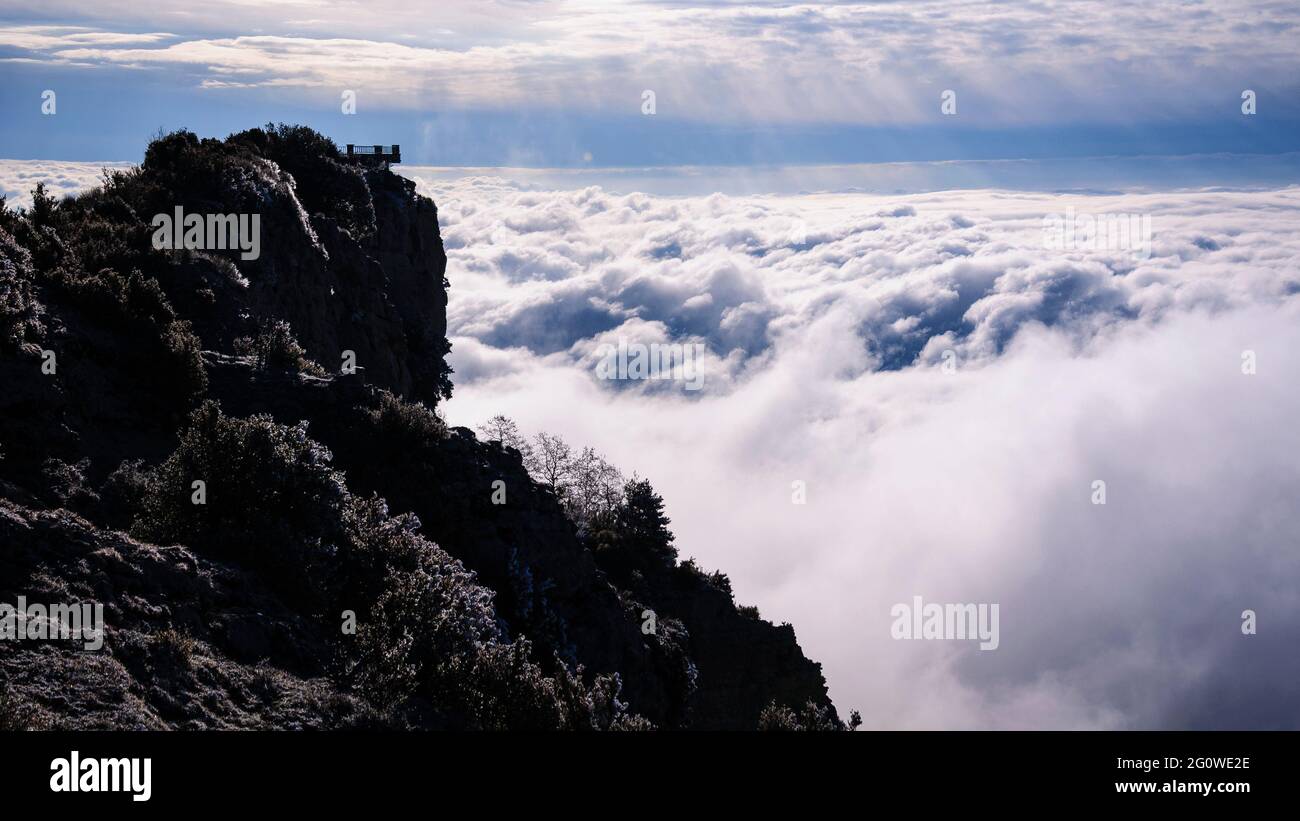 La Figuerassa viewpoint over a sea of clouds on a spring morning (Berguedà, Barcelona, Catalonia, Spain, Pyrenees) Stock Photo