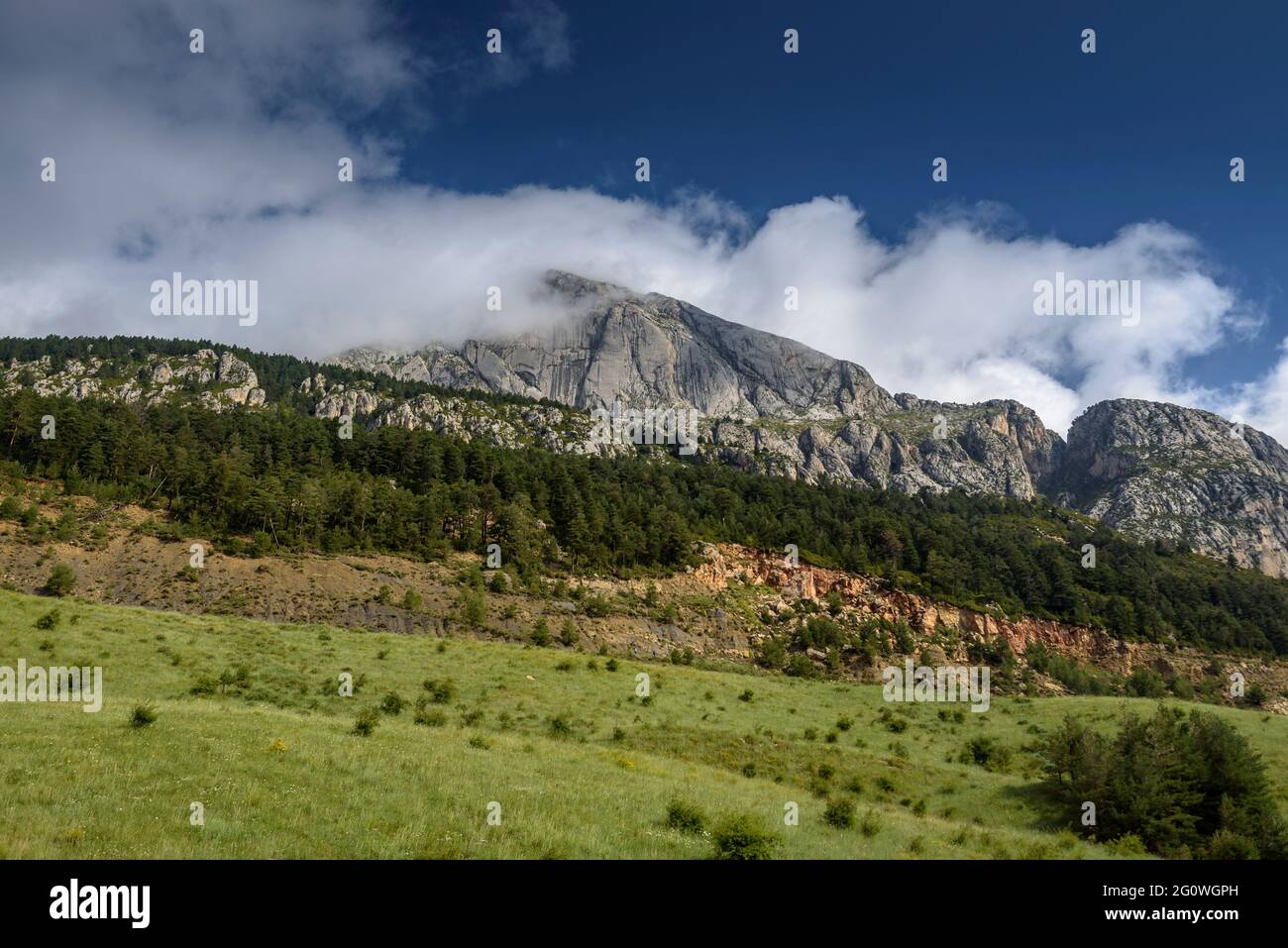 Pedraforca south face seen from the old surface mines (Berguedà, Catalonia, Spain, Pyrenees) Stock Photo