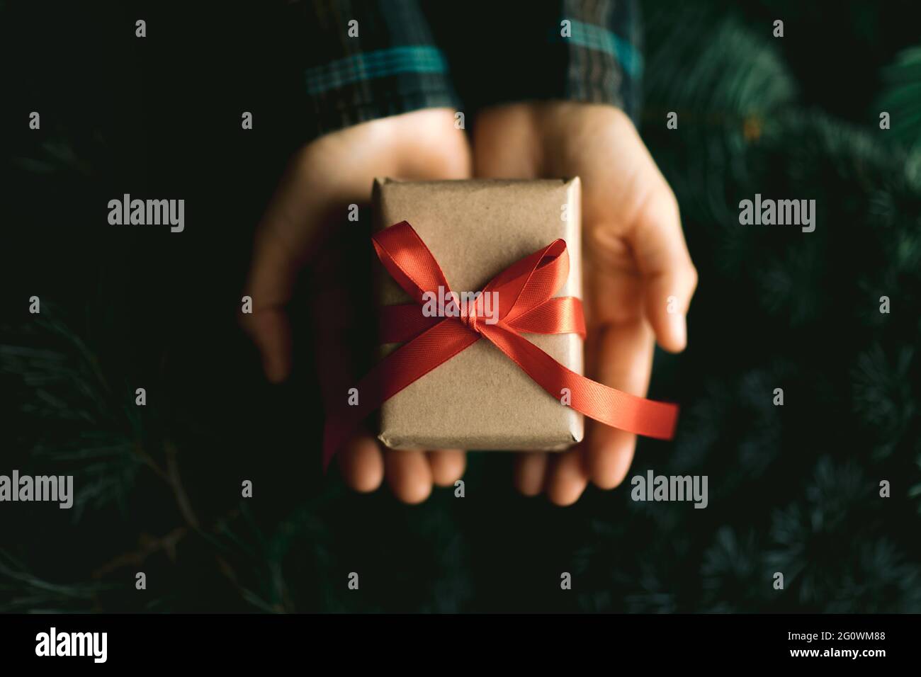 Femele hands holding gif boxt. Ideas for christmas decoration and gifts. Christmas and New year concept. Stock Photo