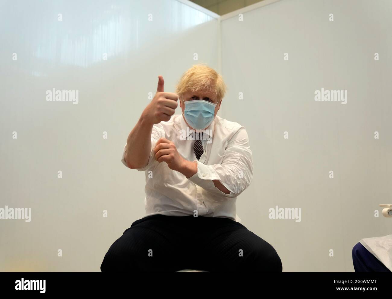 Prime Minister Boris Johnson gives a thumbs up after receiving his second jab of the AstraZeneca coronavirus vaccine, at the Francis Crick Institute in London. Picture date: Thursday June 3, 2021. Stock Photo