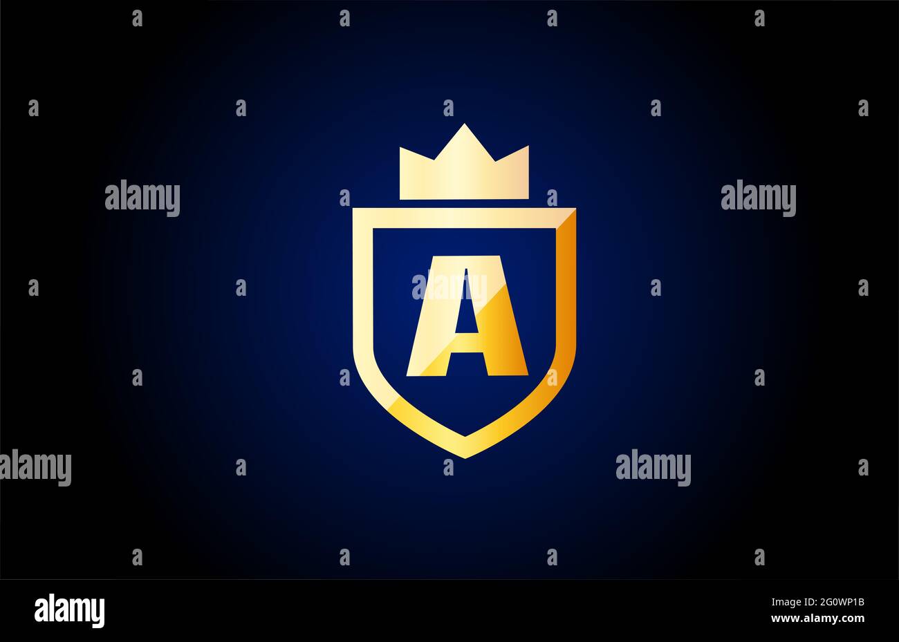 gold A alphabet letter logo icon. Design for company and business identity with shield and king crown Stock Photo