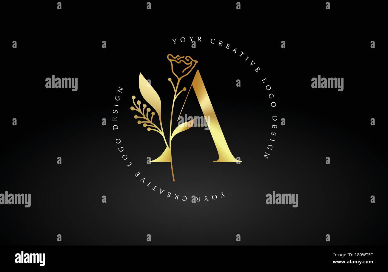 Golden Gold A Letter Design Logo with Floral Leaf Plant Idea for ...