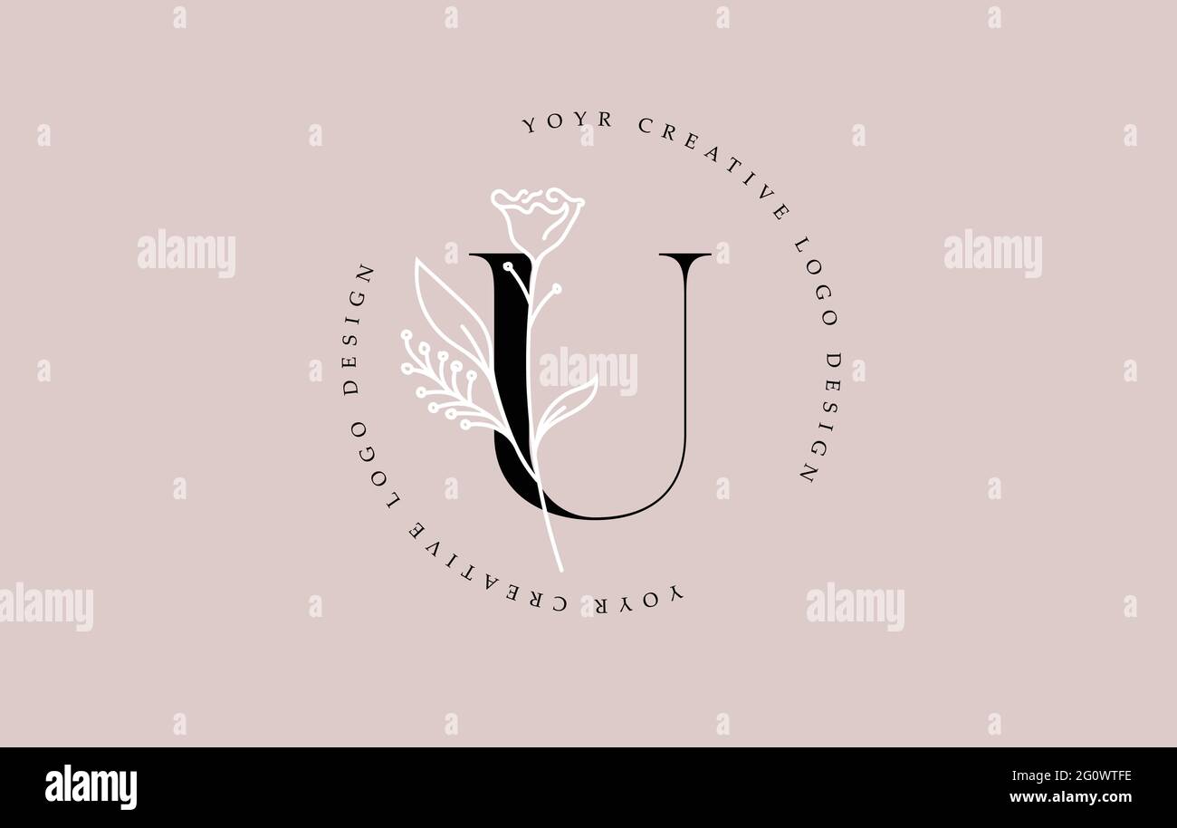 Elegant Vector Flower U Letter Design Logo with Floral Leaf Plant Idea