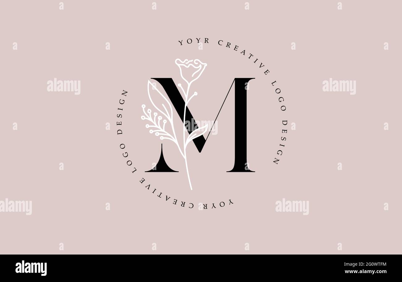 Elegant Vector Flower M Letter Design Logo with Floral Leaf Plant Idea ...