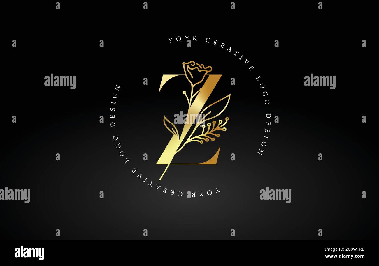 Golden Gold Z Letter Design Logo with Floral Leaf Plant Idea for ...